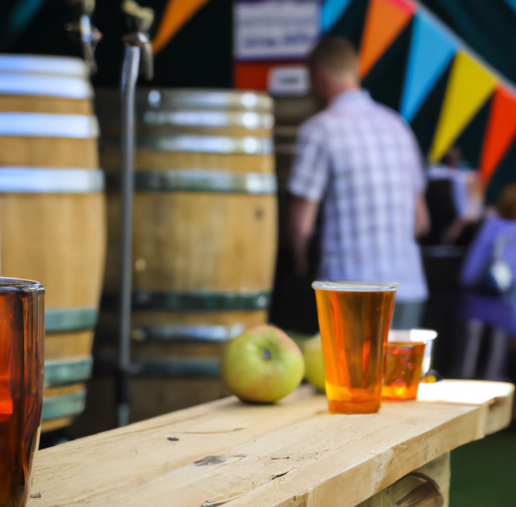 DALL·E 2023-08-06 05.14.19 - A photograph of a summer cider festival with a pint glass of cider in focus and barrels of organic cider