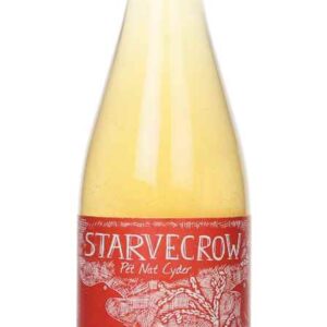 Starvecrow Pét Nat Cyder bottle from East Sussex, showcasing its naturally sparkling appearance with estate-grown apples label, symbolizing its wild fermentation and sulfite-free craftsmanship.